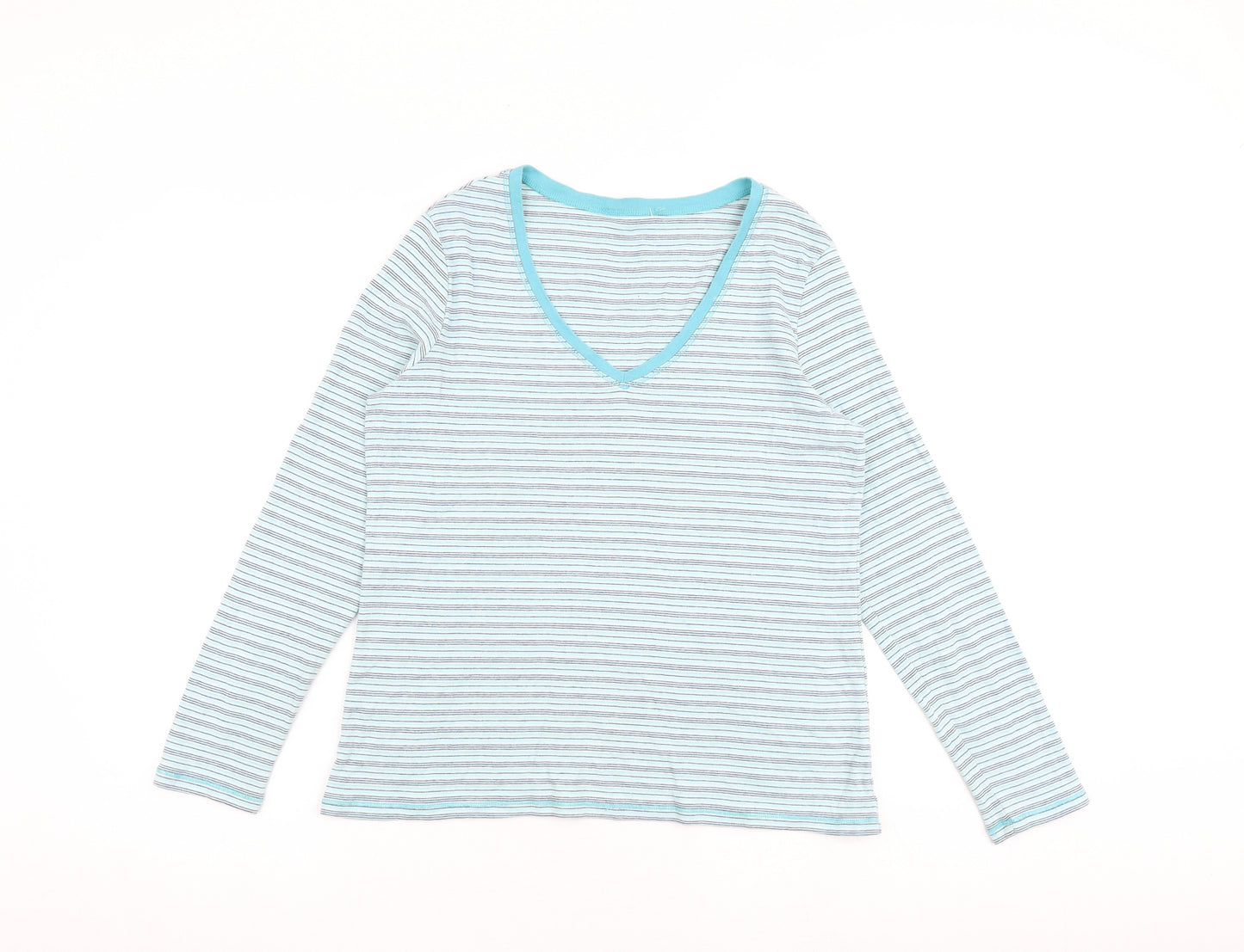 Marks and Spencer Womens Blue Striped 100% Cotton Basic T-Shirt Size 16 V-Neck
