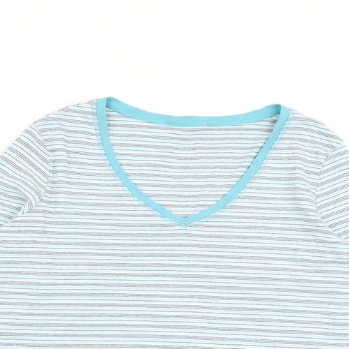 Marks and Spencer Womens Blue Striped 100% Cotton Basic T-Shirt Size 16 V-Neck
