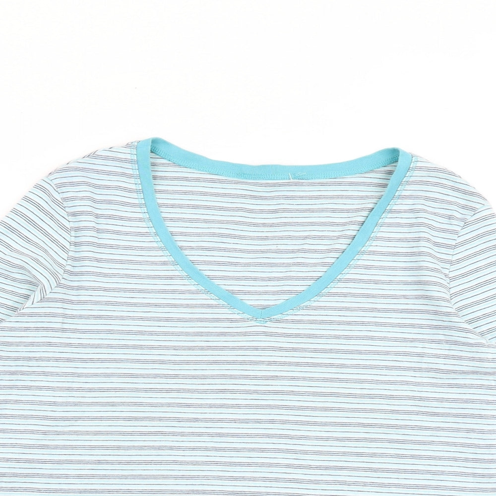Marks and Spencer Womens Blue Striped 100% Cotton Basic T-Shirt Size 16 V-Neck