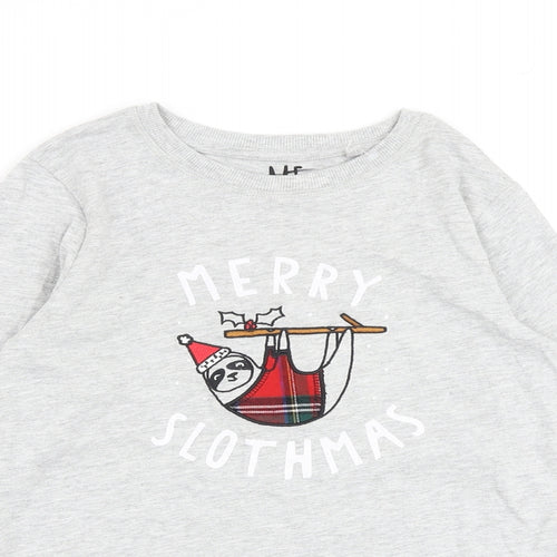 NEXT Girls Grey Cotton Basic T-Shirt Size 9 Years Round Neck Pullover - Merry Slothmas