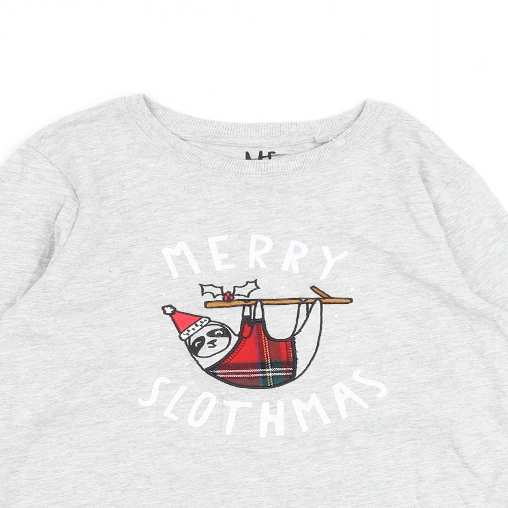 NEXT Girls Grey Cotton Basic T-Shirt Size 9 Years Round Neck Pullover - Merry Slothmas