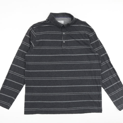 Marks and Spencer Mens Grey Striped 100% Cotton Polo Size XL Collared Button