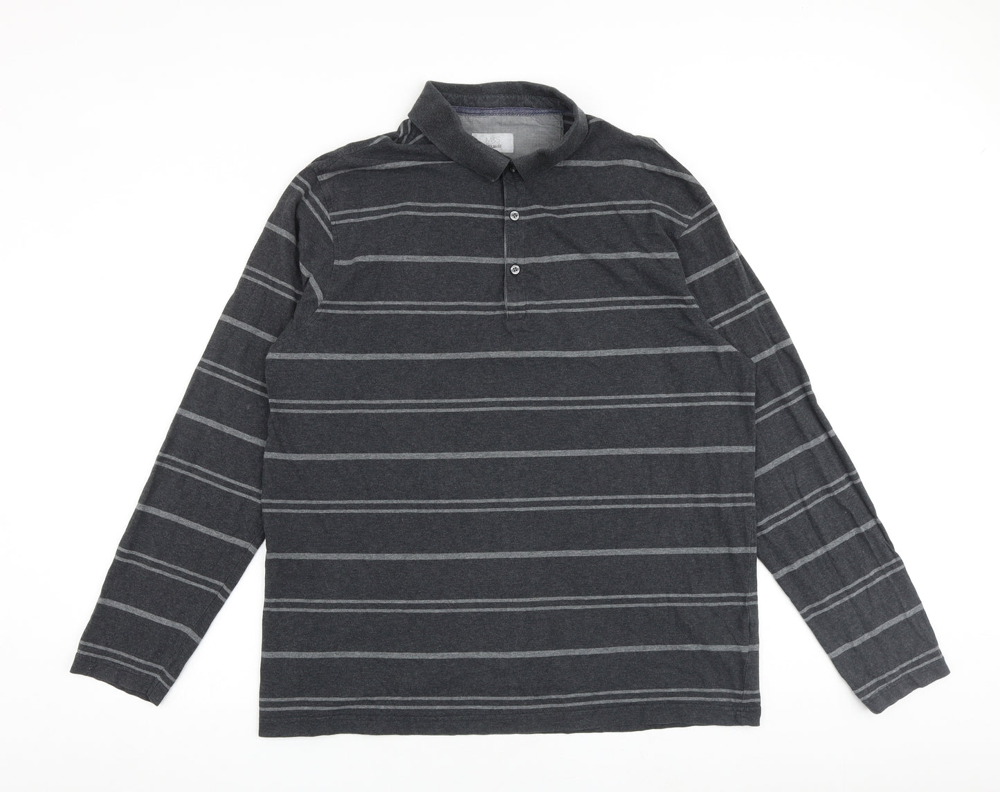 Marks and Spencer Mens Grey Striped 100% Cotton Polo Size XL Collared Button