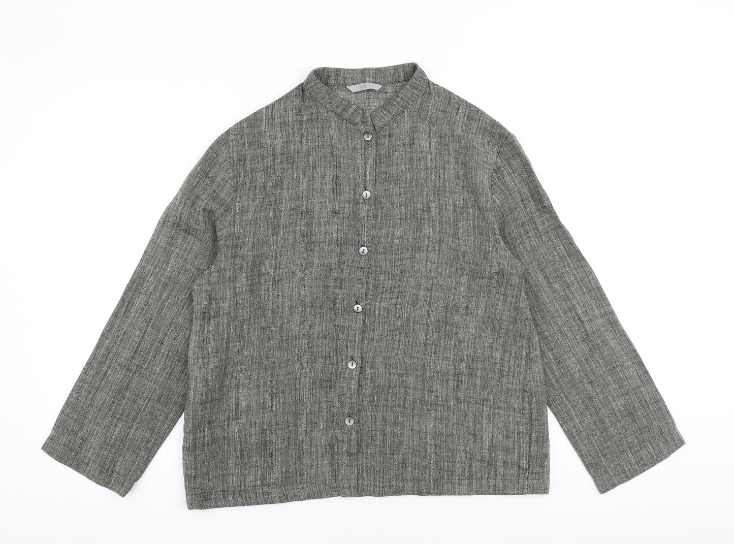 Marks and Spencer Womens Grey Linen Basic Button-Up Size 12 Mock Neck