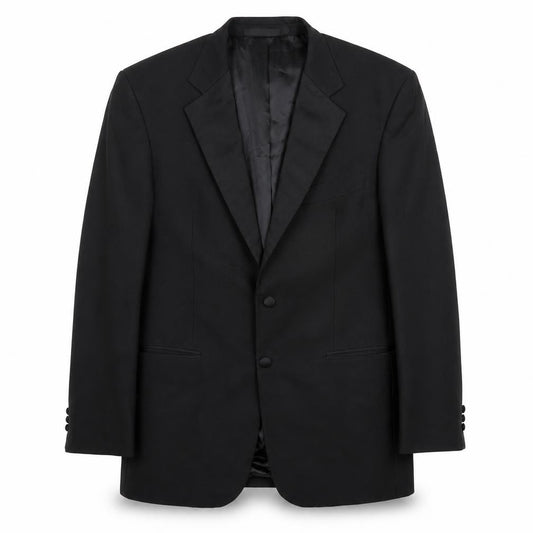 Front view of Marks & Spencer men’s black polyester tuxedo suit jacket, size 40, regular