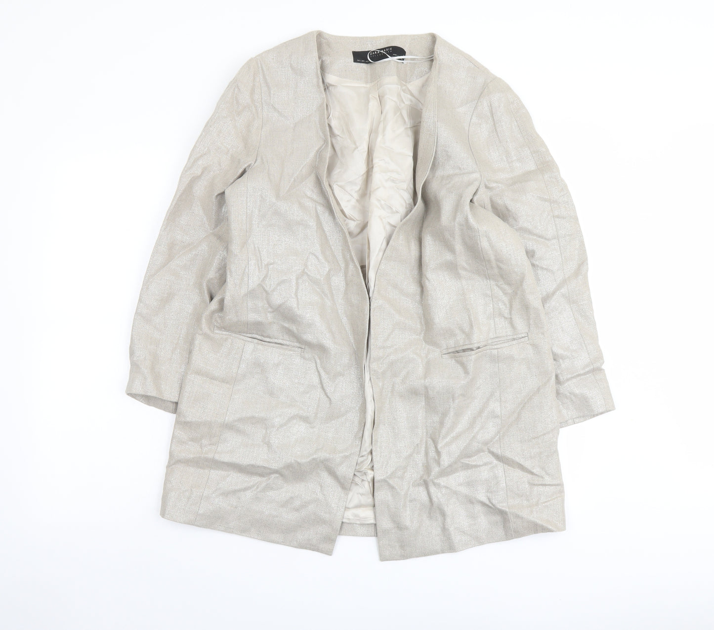 Zara Womens Beige Jacket Blazer Size L Hook & Eye