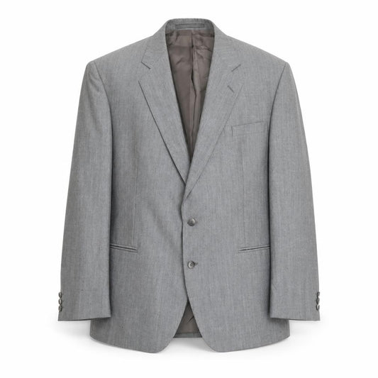 Front view of Pin Stripe men’s grey polyester jacket suit jacket, size 48, regular