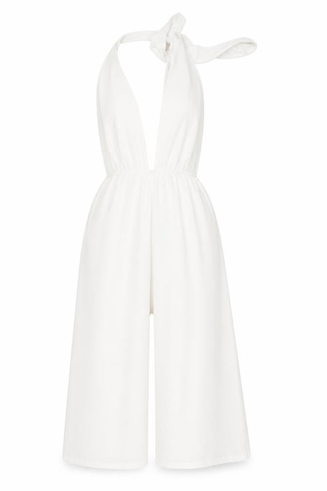 Front view of PRETTYLITTLETHING women’s white polyester playsuit one-piece, size UK 6, tie