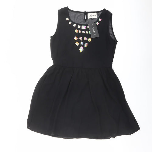 Nana Womens Black Polyester Fit & Flare Size 10 Round Neck Button