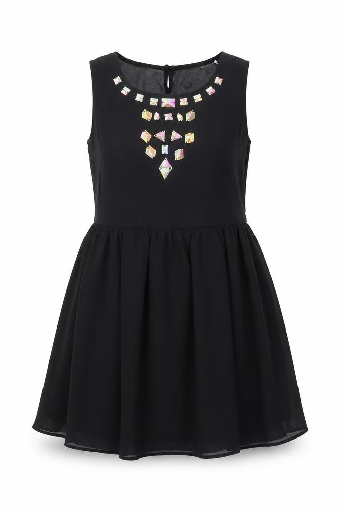 Front view of Nana women’s black polyester fit & flare, size UK 10, round neck button