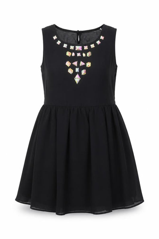 Front view of Nana women’s black polyester fit & flare, size UK 10, round neck button