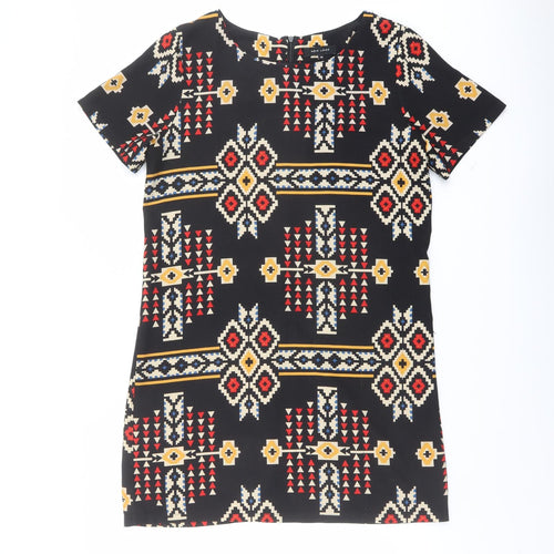 New Look Womens Black Geometric Polyester A-Line Size 14 Round Neck Zip