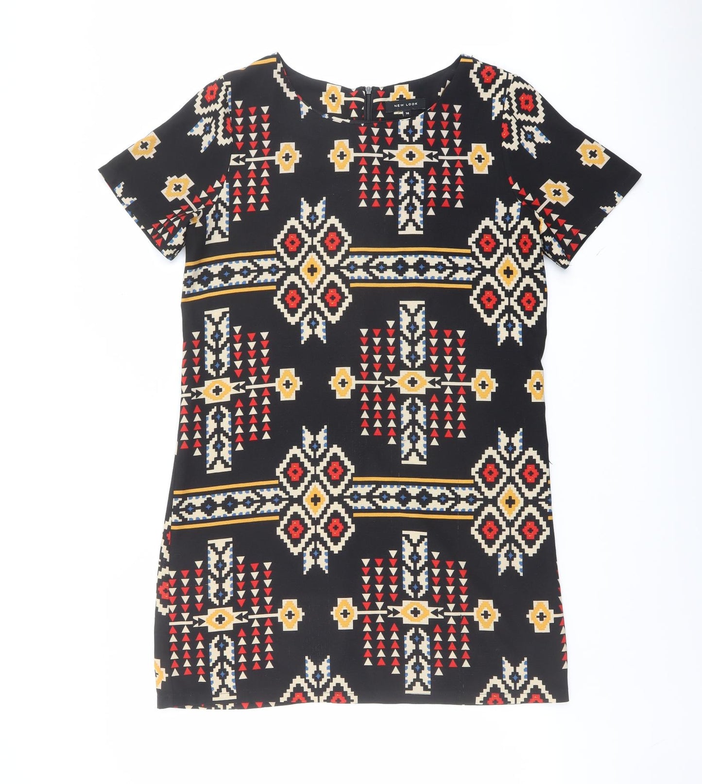 New Look Womens Black Geometric Polyester A-Line Size 14 Round Neck Zip