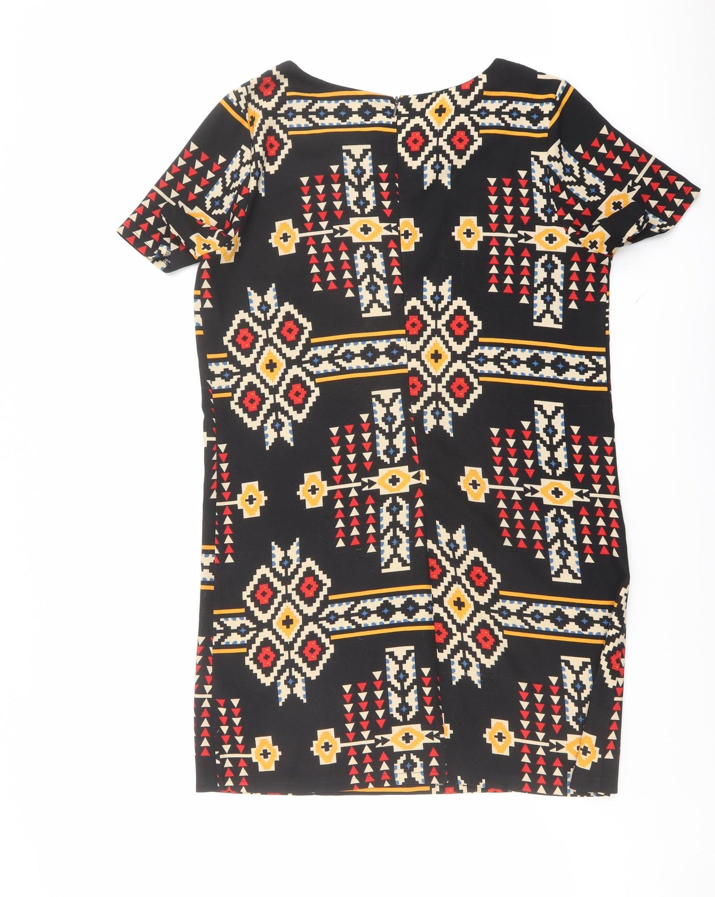 New Look Womens Black Geometric Polyester A-Line Size 14 Round Neck Zip