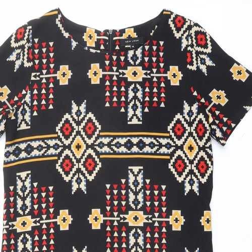 New Look Womens Black Geometric Polyester A-Line Size 14 Round Neck Zip
