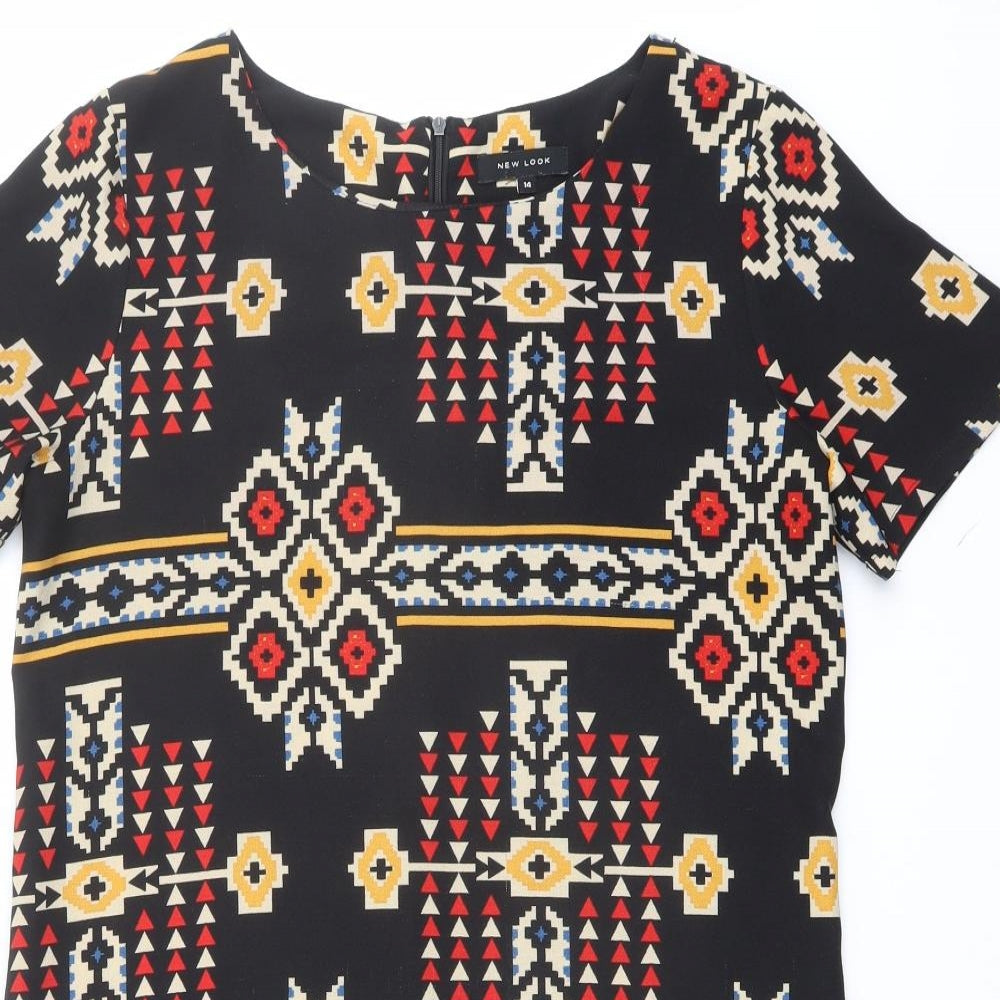 New Look Womens Black Geometric Polyester A-Line Size 14 Round Neck Zip