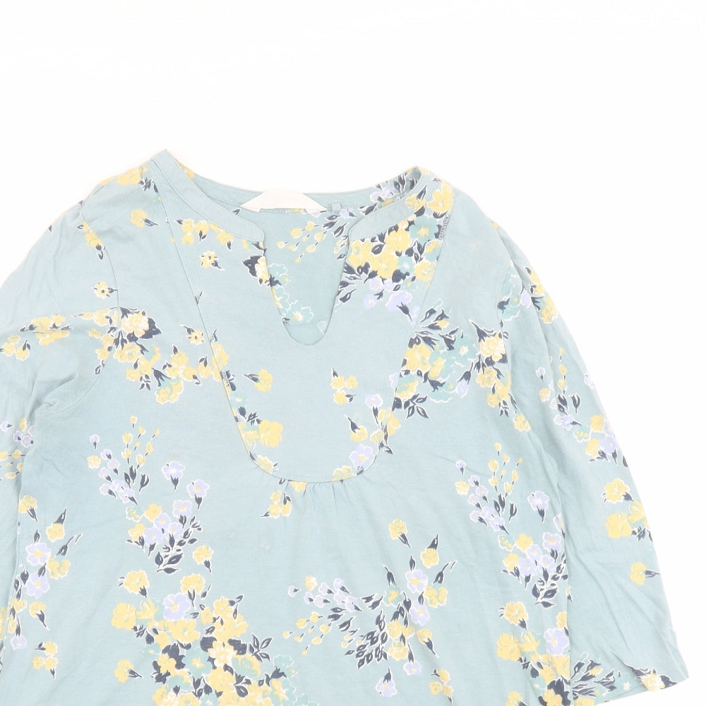 Fat Face Womens Green Floral Cotton Basic Blouse Size 14 V-Neck