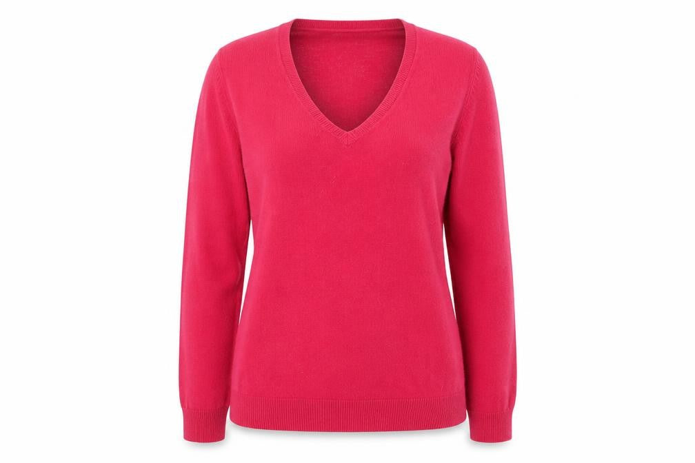 Front view of Marks & Spencer women’s pink v-neck acrylic jumper, size UK 10