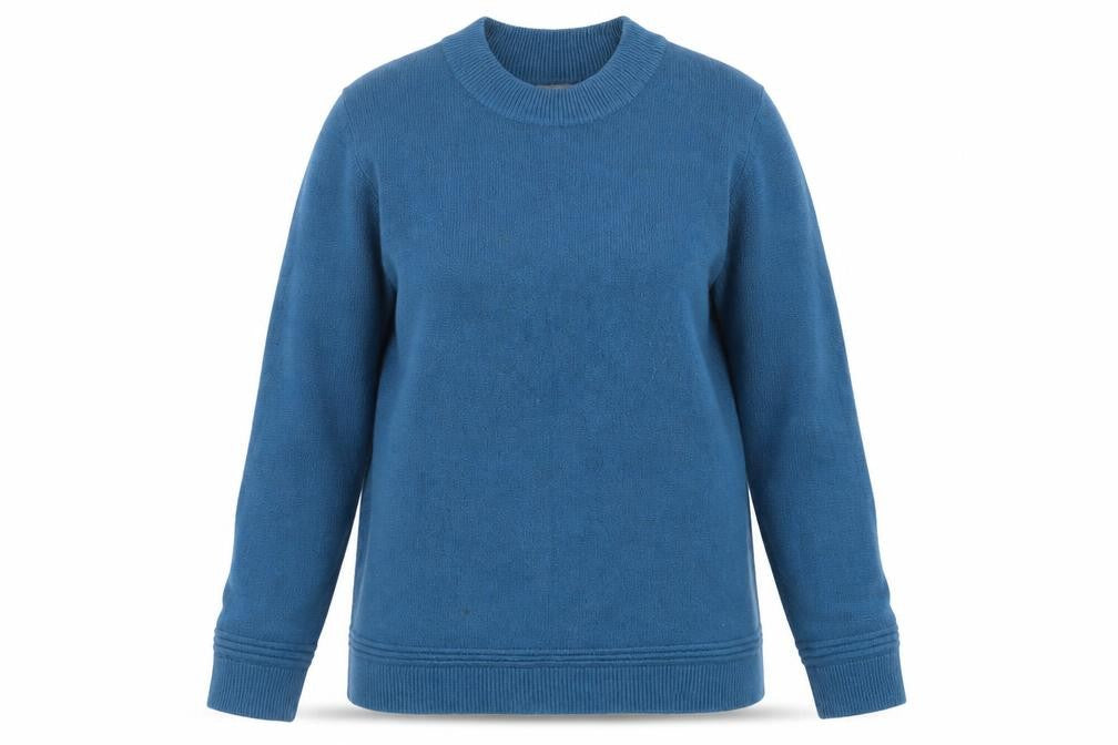 Front view of First Avenue women’s blue round neck acrylic jumper, size L