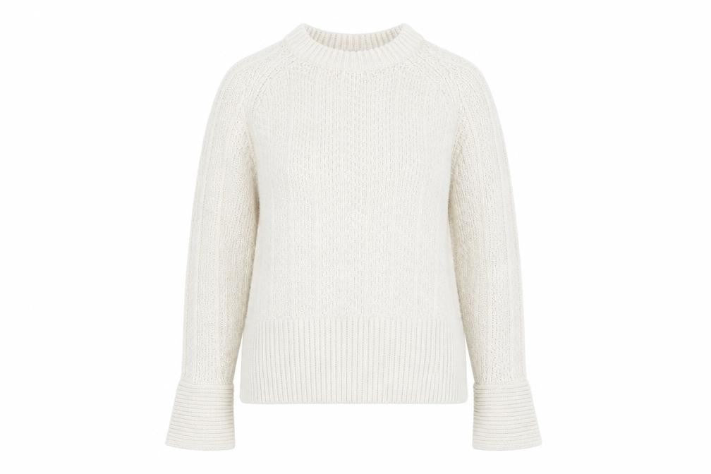 Front view of H&M women’s ivory round neck acrylic jumper, size XS