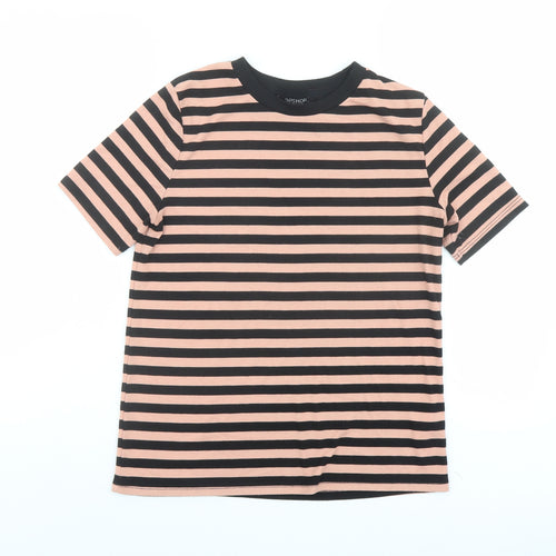 Topshop Womens Black Striped Polyester Basic T-Shirt Size 10 Crew Neck