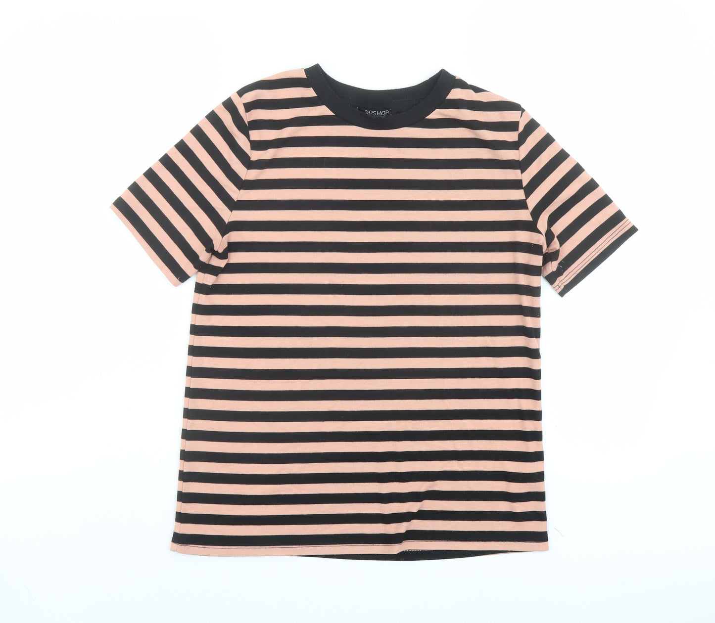 Topshop Womens Black Striped Polyester Basic T-Shirt Size 10 Crew Neck