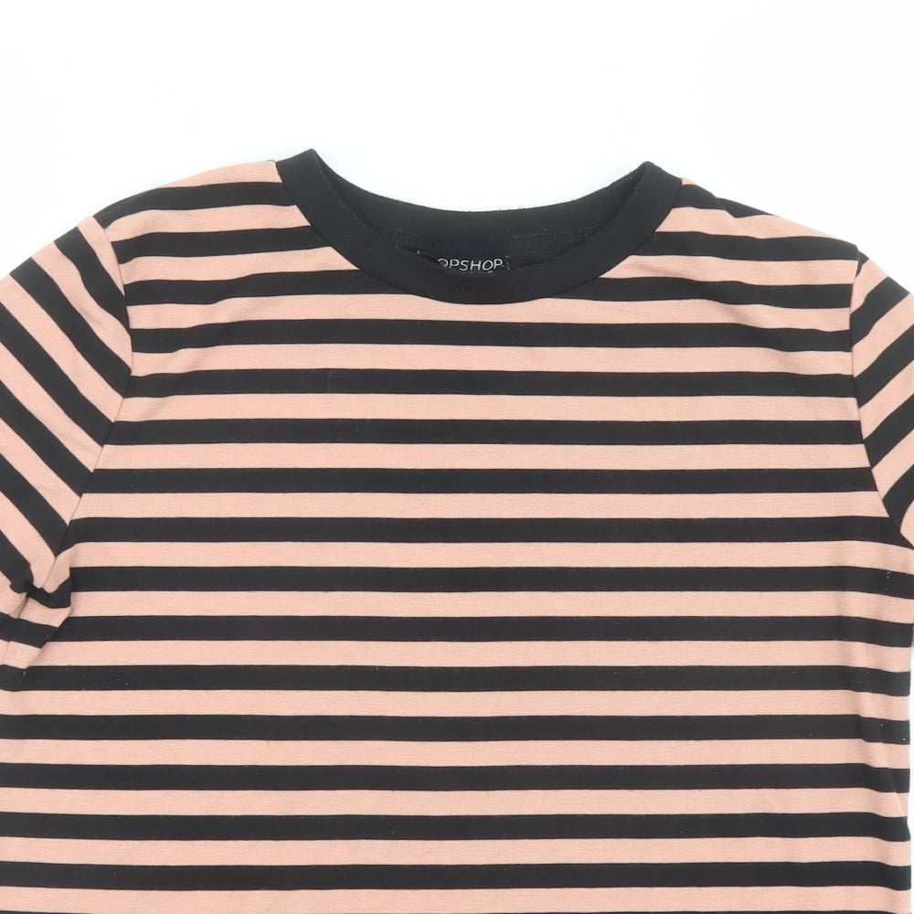 Topshop Womens Black Striped Polyester Basic T-Shirt Size 10 Crew Neck