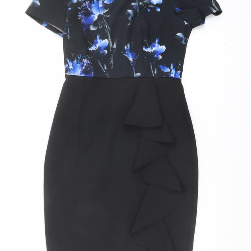 Paperdolls Womens Black Floral Polyester Shift Size 8 Boat Neck Zip