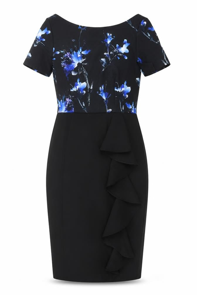Front view of Paperdolls women’s black floral polyester shift, size UK 8, boat neck zip