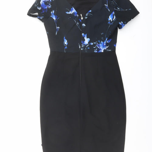 Paperdolls Womens Black Floral Polyester Shift Size 8 Boat Neck Zip
