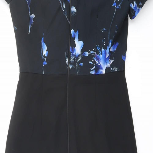 Paperdolls Womens Black Floral Polyester Shift Size 8 Boat Neck Zip