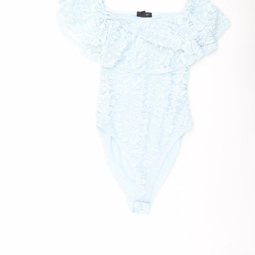 New Look Womens Blue Floral Nylon Bodysuit One-Piece Size 10 Snap