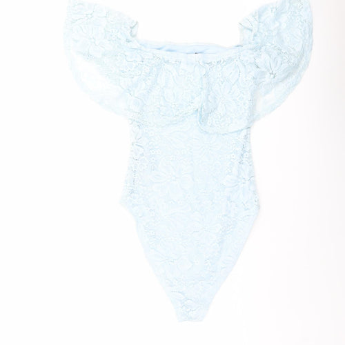 New Look Womens Blue Floral Nylon Bodysuit One-Piece Size 10 Snap