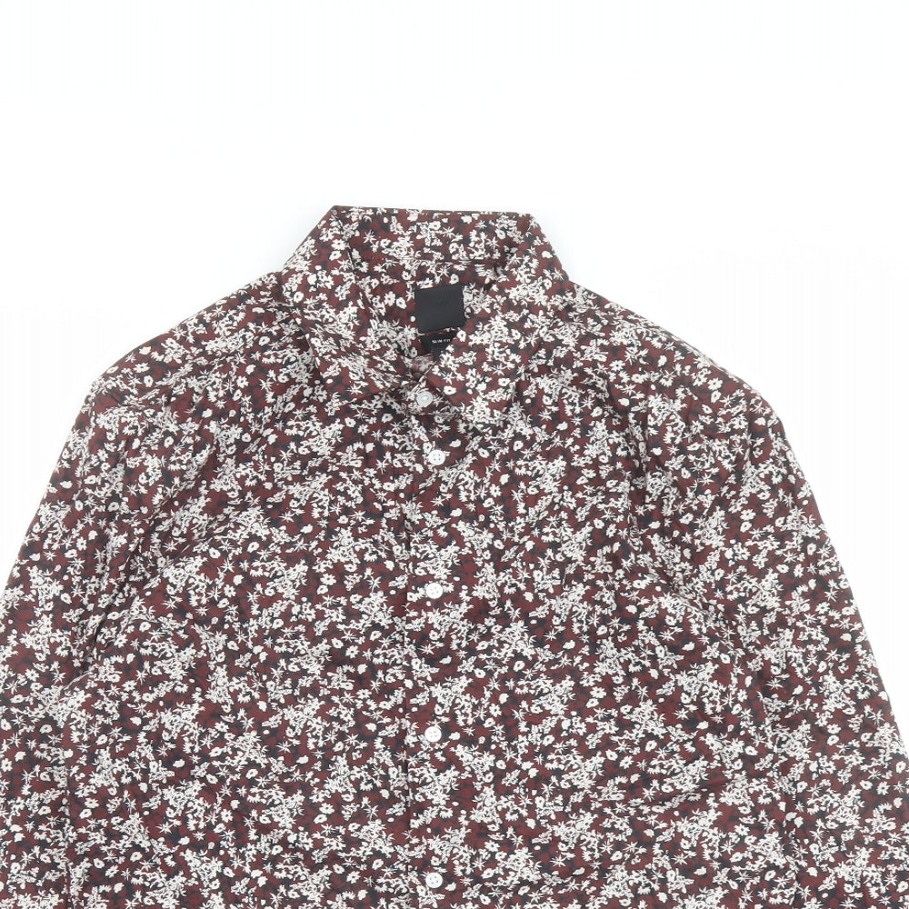 H&M Mens Red Floral Cotton Button-Up Size M Collared Button