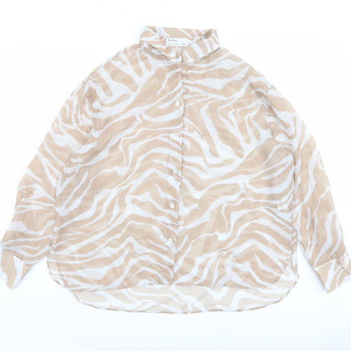 Bershka Womens Beige Animal Print Polyester Basic Button-Up Size M Collared - Tiger Print