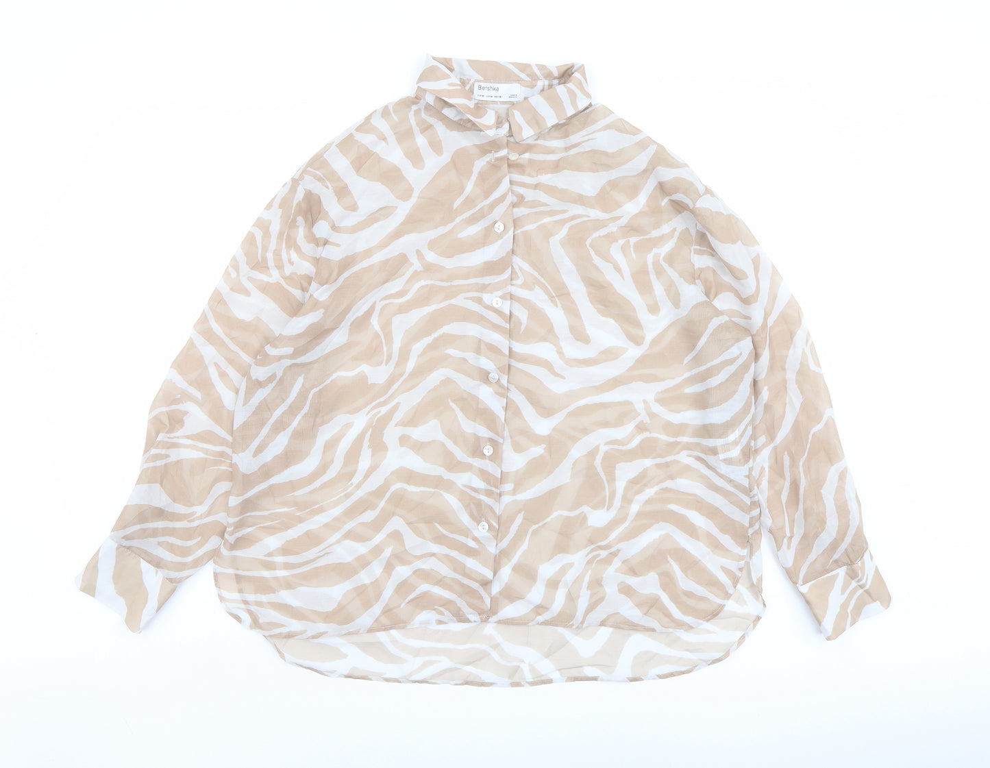 Bershka Womens Beige Animal Print Polyester Basic Button-Up Size M Collared - Tiger Print