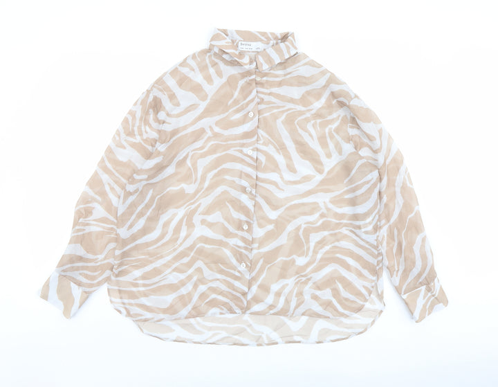 Bershka Womens Beige Animal Print Polyester Basic Button-Up Size M Collared - Tiger Print