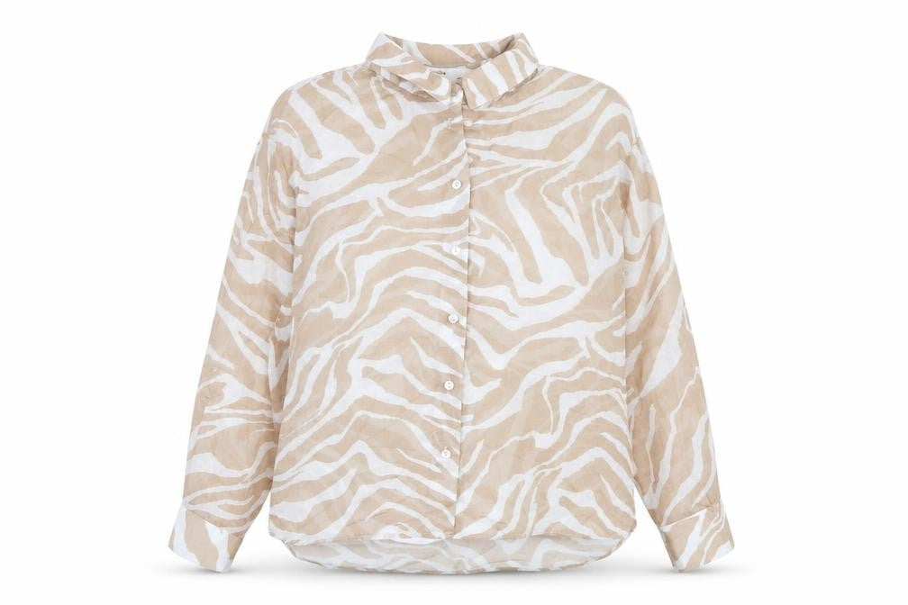 Front view of Bershka women’s beige animal print polyester basic button-up, size M, collared - tiger print