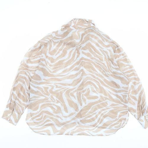 Bershka Womens Beige Animal Print Polyester Basic Button-Up Size M Collared - Tiger Print