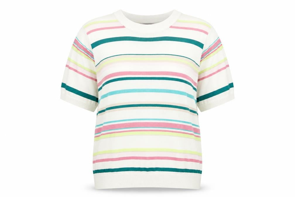 Front view of Marks & Spencer women’s multicoloured round neck striped cotton jumper, size UK 14