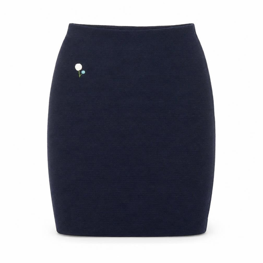 Front view of New Look women’s blue polyester bandage skirt, size UK 8