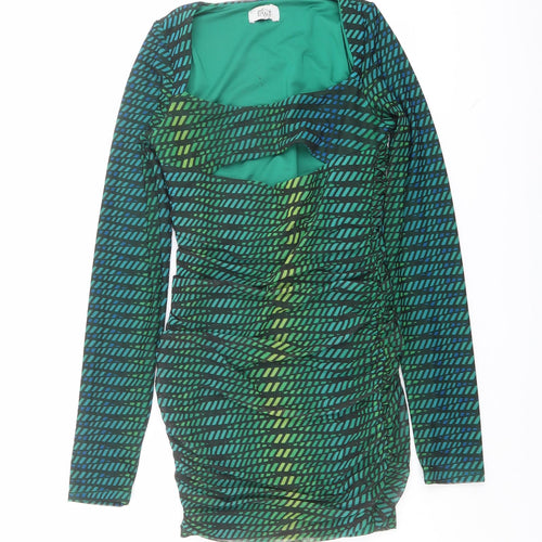 Oh Polly Womens Green Geometric Polyester Bodycon Size 8 Square Neck Pullover