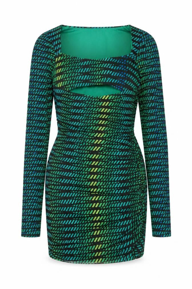 Front view of Oh Polly women’s green geometric polyester bodycon, size UK 8, square neck pullover