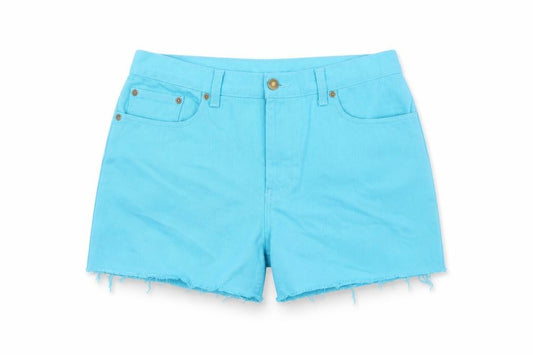 Front view of Jeanology women’s blue cotton boyfriend shorts, size UK 10, 4-inch leg regular button - raw hem