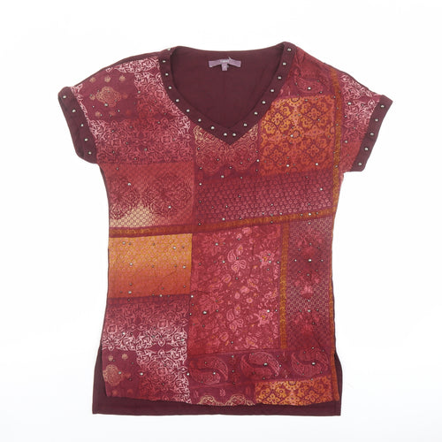 NEXT Womens Red Geometric Viscose Basic T-Shirt Size 10 V-Neck