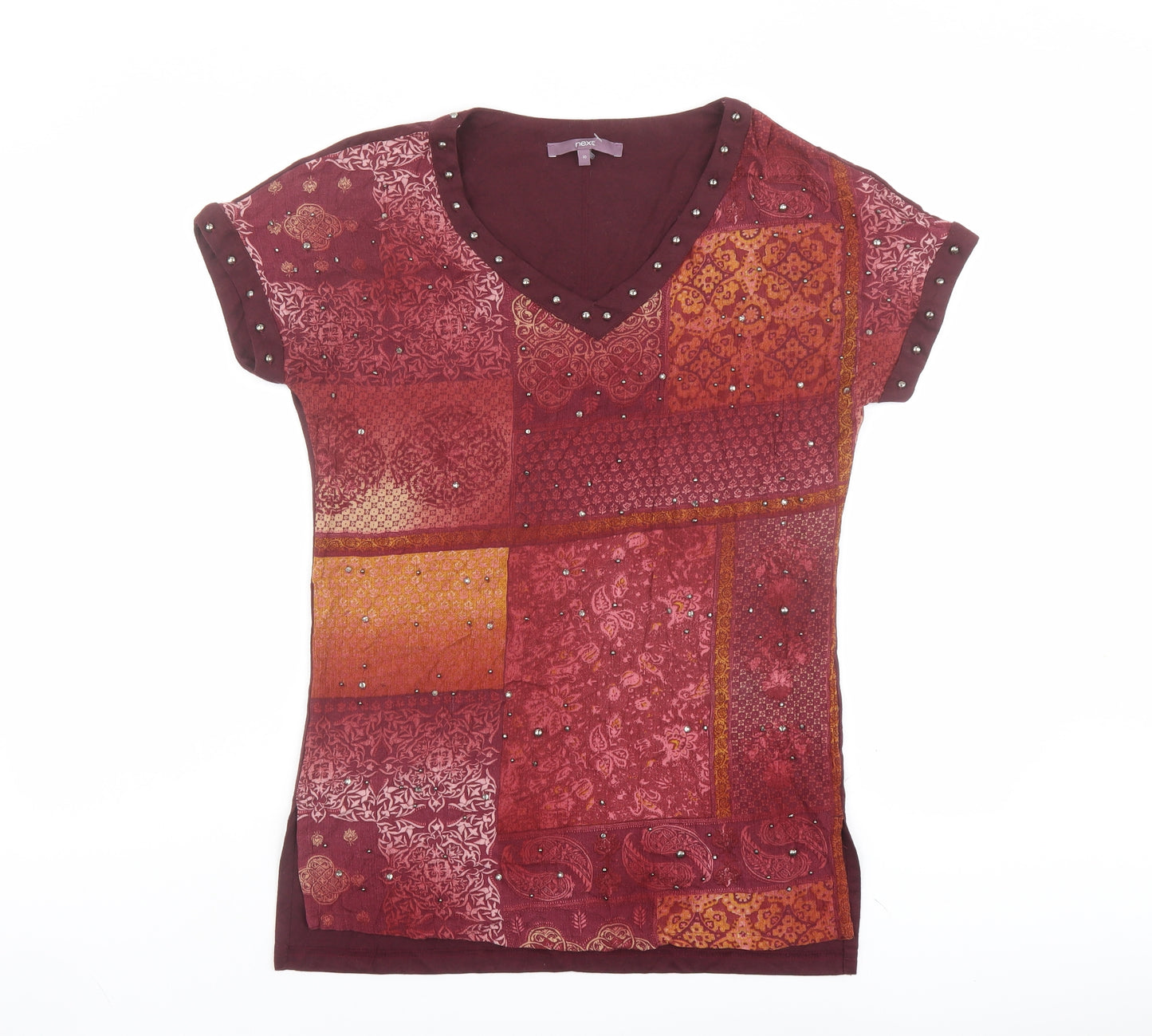 NEXT Womens Red Geometric Viscose Basic T-Shirt Size 10 V-Neck