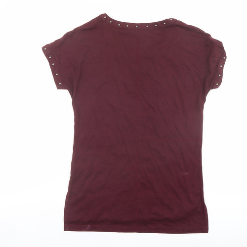 NEXT Womens Red Geometric Viscose Basic T-Shirt Size 10 V-Neck