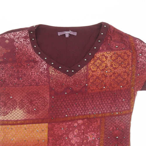 NEXT Womens Red Geometric Viscose Basic T-Shirt Size 10 V-Neck