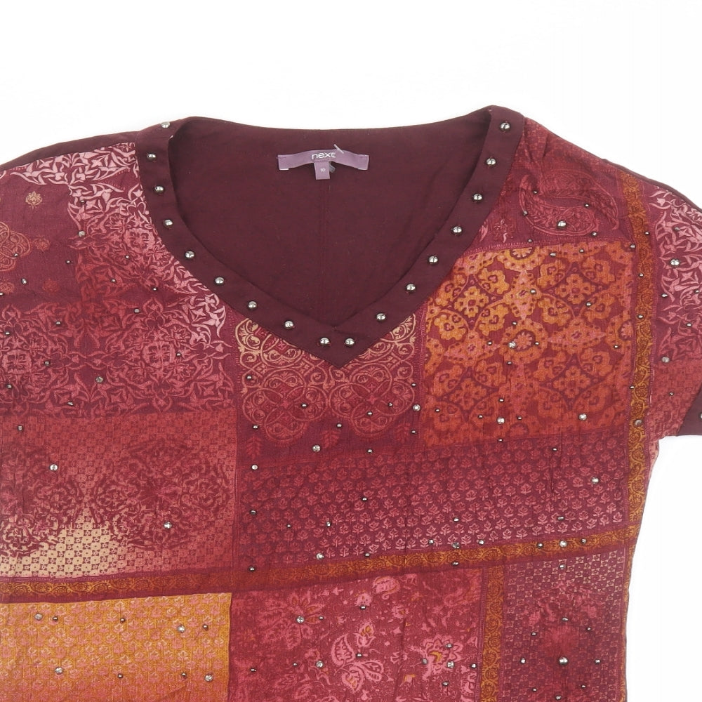 NEXT Womens Red Geometric Viscose Basic T-Shirt Size 10 V-Neck