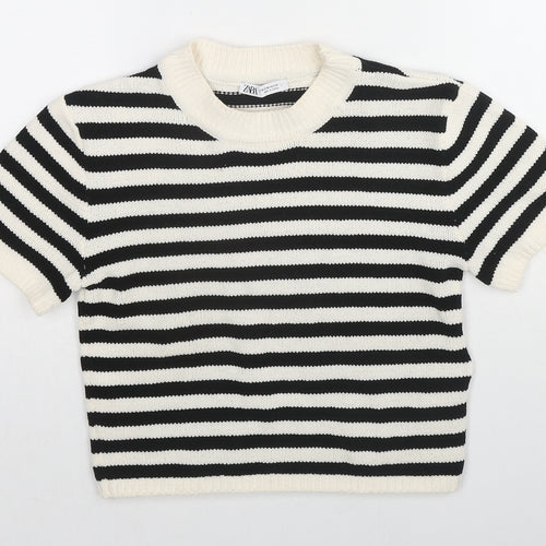 Zara Womens Black Round Neck Striped Polyester Pullover Jumper Size M Pullover